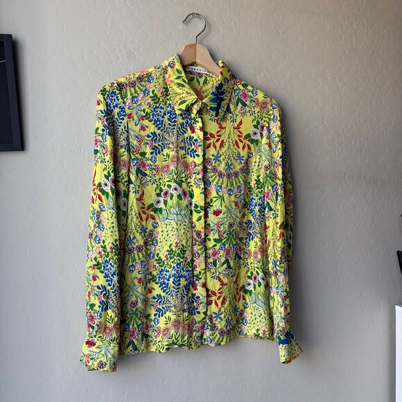 Alice and Olivia Button Down Top Willa Yellow Floral Print Blouse Size Small - Picture 3 of 7